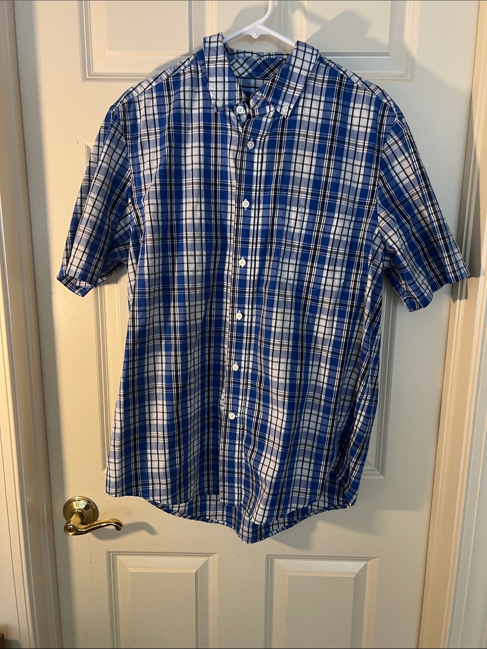 George Blue and White Plaid Short-Sleeve Button-Down Shirt